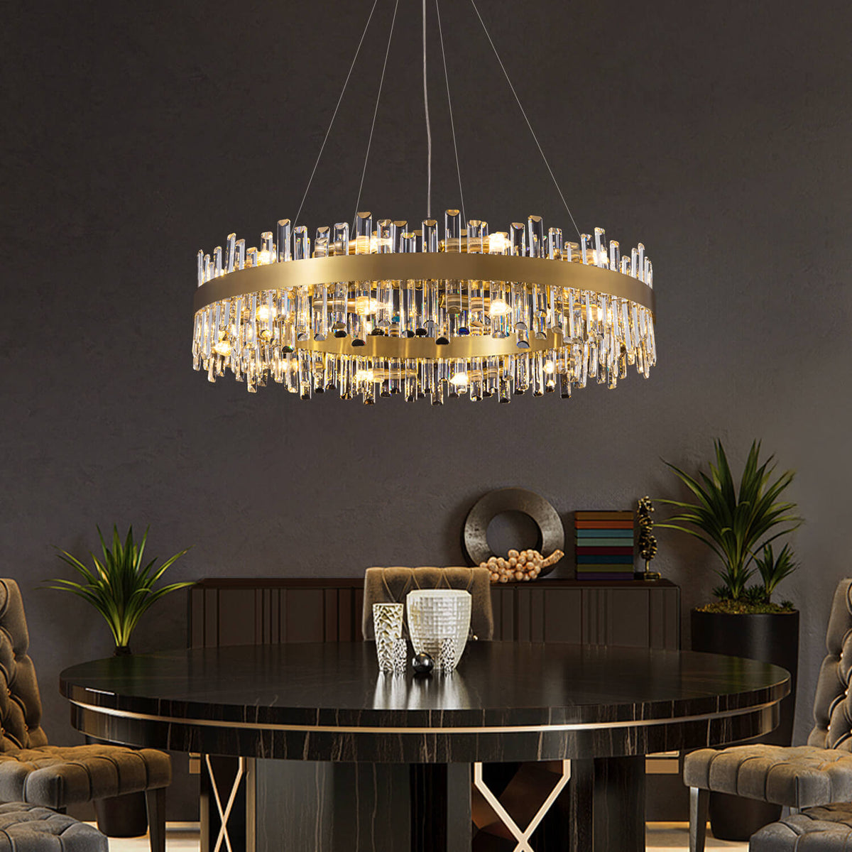 Tiered Crystal Ceiling Fixture in Gold Finish for Dining Rooms and Kitchen Islands – Adjustable Height, Multi-Size Options, E12 Candelabra B | Thomler