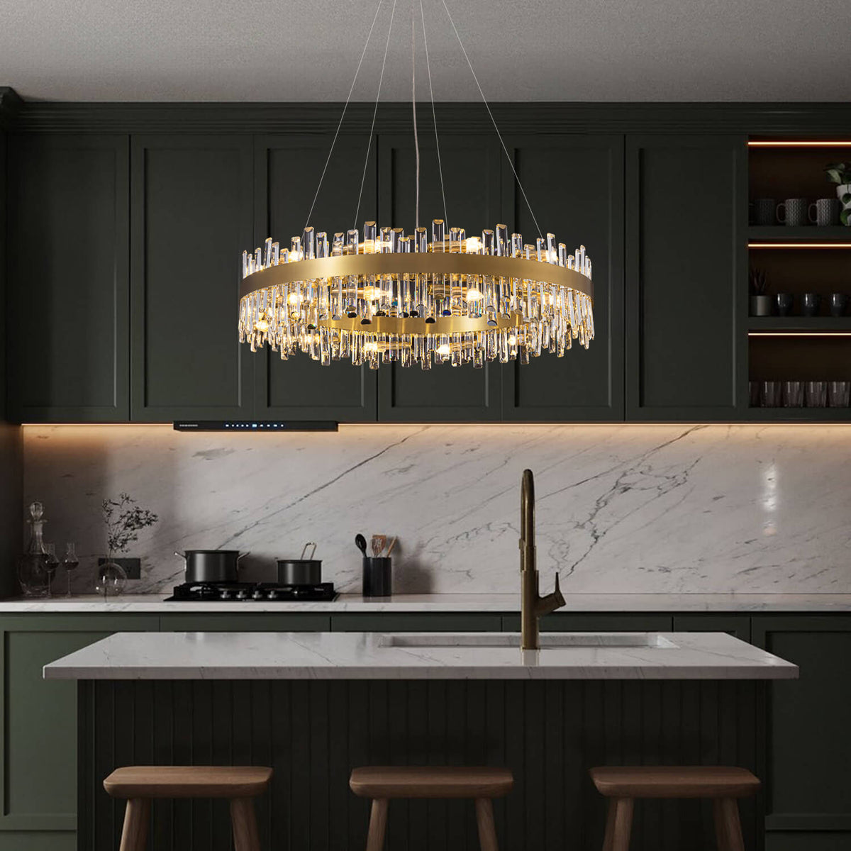 Tiered Crystal Ceiling Fixture in Gold Finish for Dining Rooms and Kitchen Islands – Adjustable Height, Multi-Size Options, E12 Candelabra B | Thomler