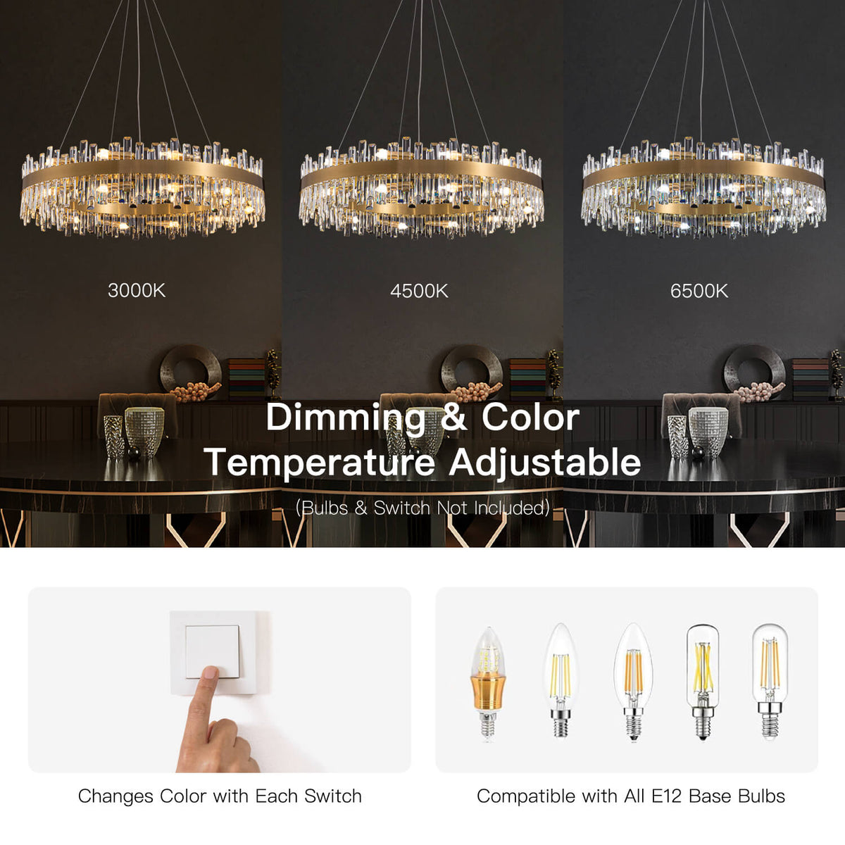 Tiered Crystal Ceiling Fixture in Gold Finish for Dining Rooms and Kitchen Islands – Adjustable Height, Multi-Size Options, E12 Candelabra B | Thomler