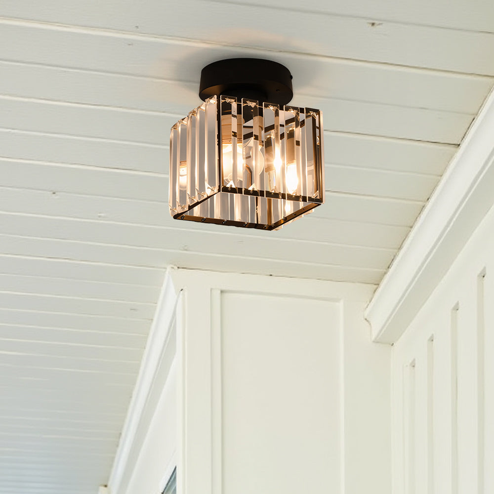 Cube Crystal Flush Mount Ceiling Light with Brass Frame 10 Inch for Bedroom Hallway Entryway Living Room Office Modern Home Lighting Fixture | Thomler