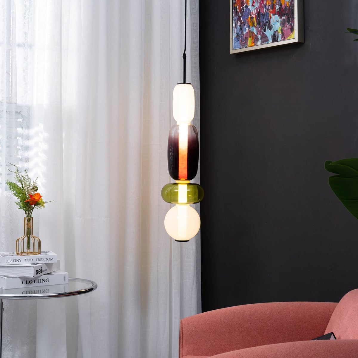 Multi-Glas-LED-Deckenleuchte, 20 Zoll, bunte getönte Glas-Hängeleuchten für Esszimmer, Küche, Schlafzimmer, moderner böhmischer Akzent-Kronleuchter, verstellbar