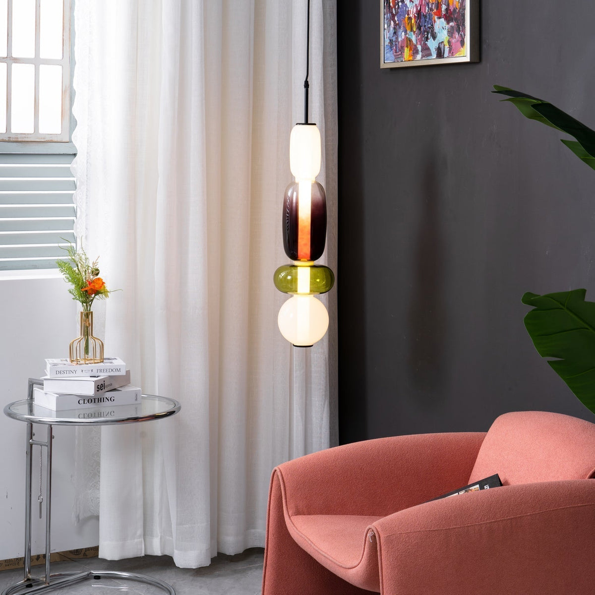 Handblown Glass Drop Pendant LED 7-inch Multi-Color Chandelier Dimmable Ceiling Light Adjustable for Kitchen Island Dining Table Living Room | Thomler