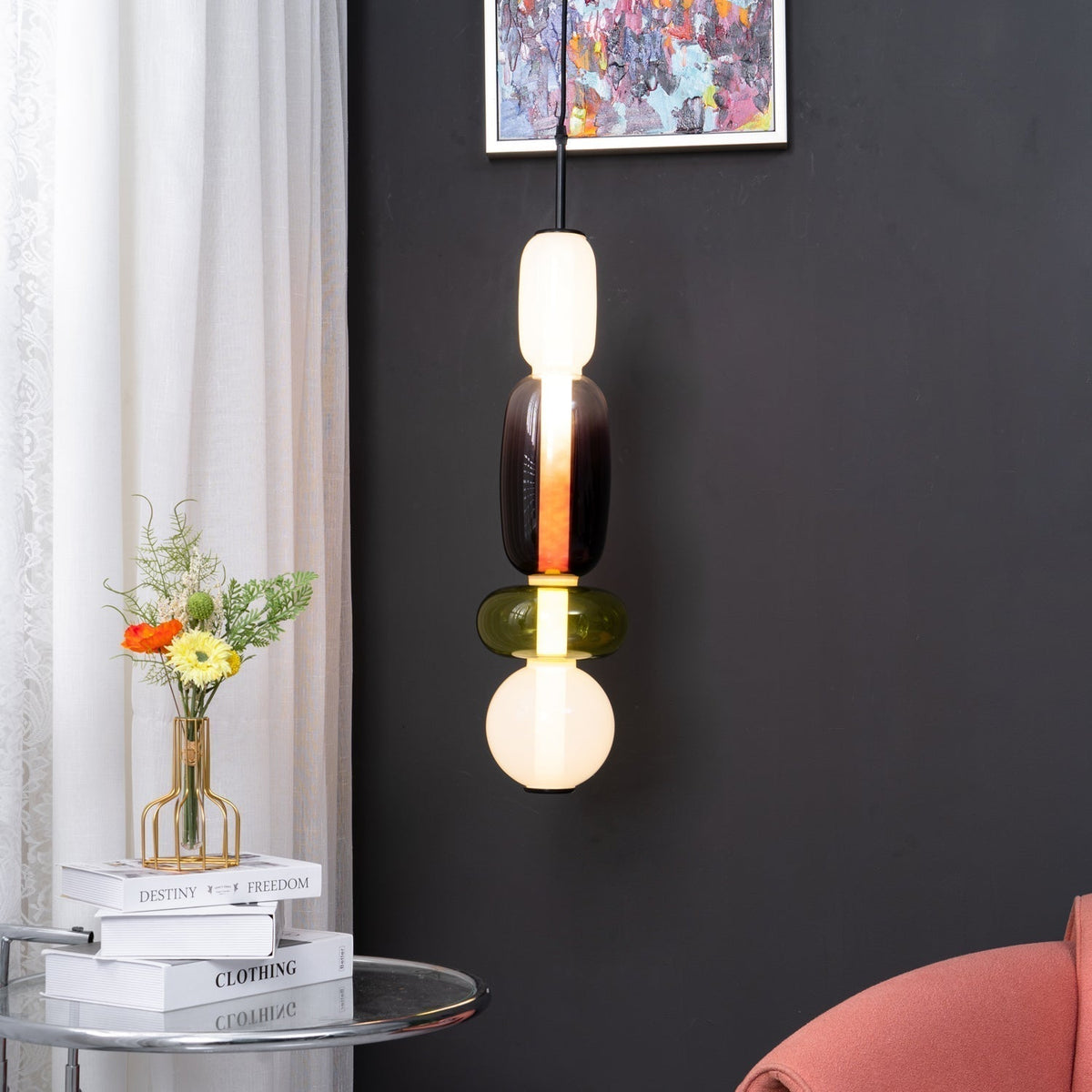 Handblown Glass Drop Pendant LED 7-inch Multi-Color Chandelier Dimmable Ceiling Light Adjustable for Kitchen Island Dining Table Living Room | Thomler