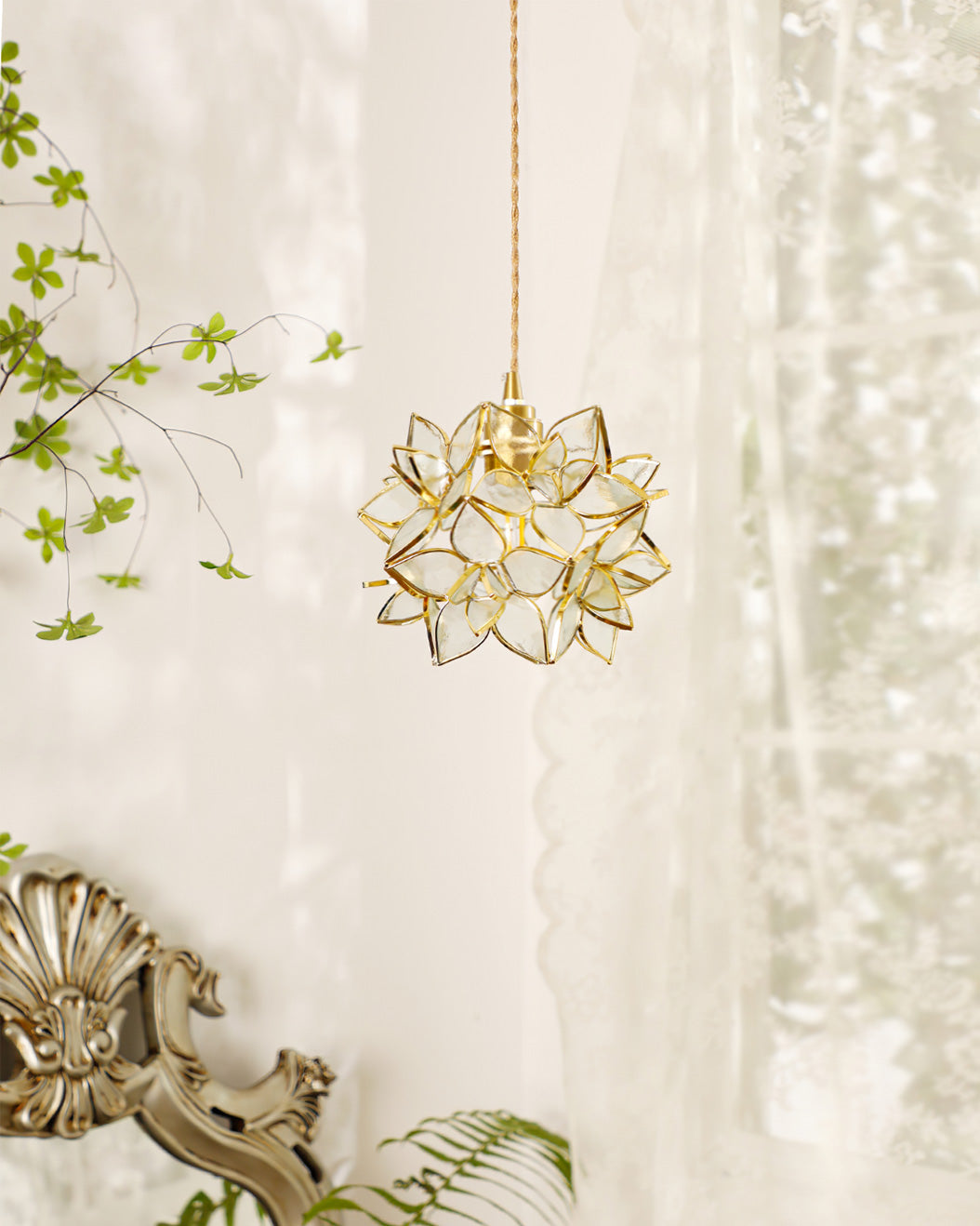 Glass Globe Ceiling Light with Floral Detail, 8-Inch Brass Hanging Fixture for Dining Room & Bedroom Ambient Lighting | Thomler