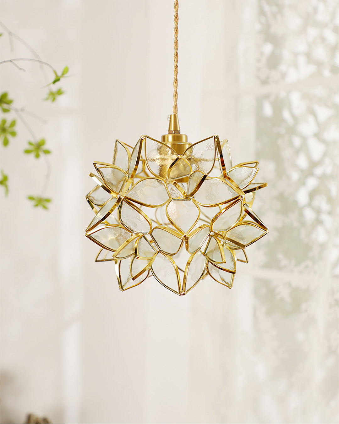 Glass Globe Ceiling Light with Floral Detail, 8-Inch Brass Hanging Fixture for Dining Room & Bedroom Ambient Lighting | Thomler