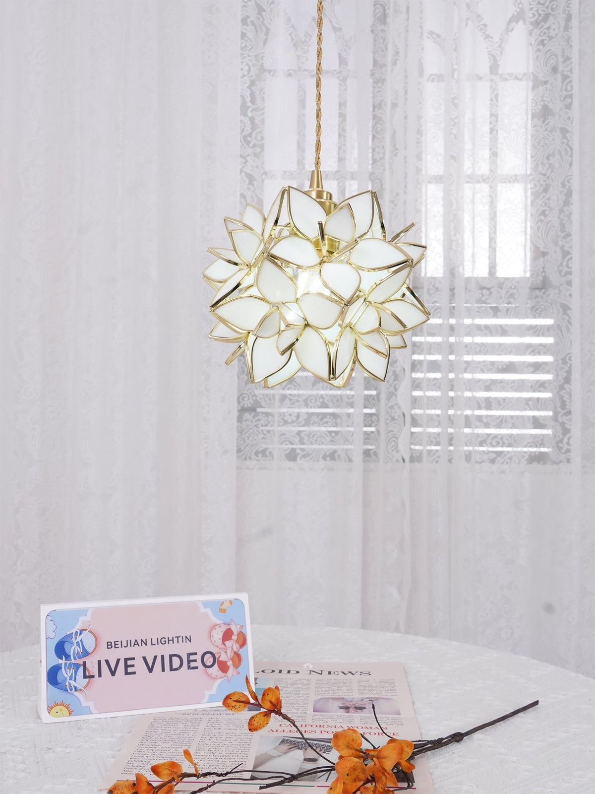 Glass Globe Ceiling Light with Floral Detail, 8-Inch Brass Hanging Fixture for Dining Room & Bedroom Ambient Lighting | Thomler