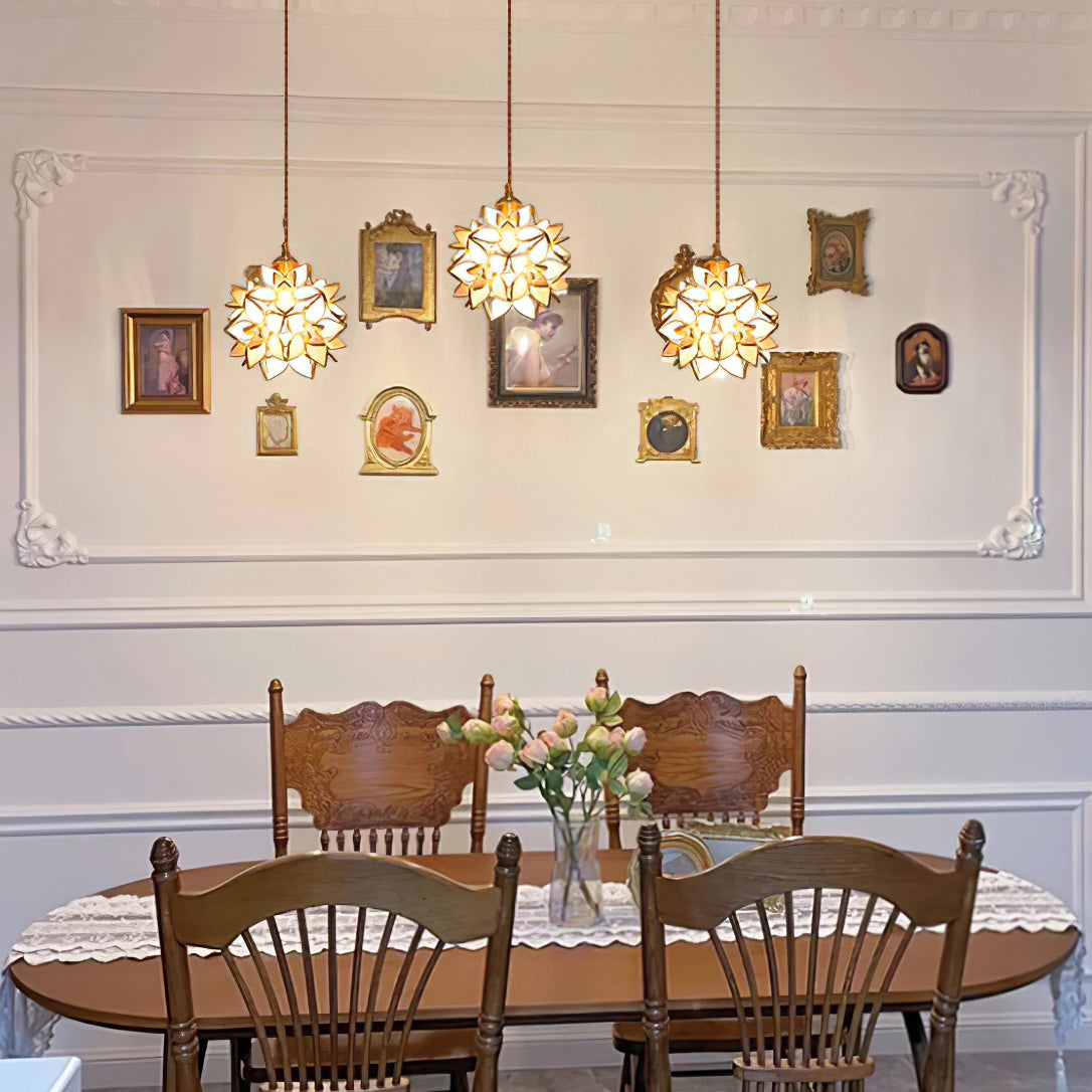 Glass Globe Ceiling Light with Floral Detail, 8-Inch Brass Hanging Fixture for Dining Room & Bedroom Ambient Lighting | Thomler