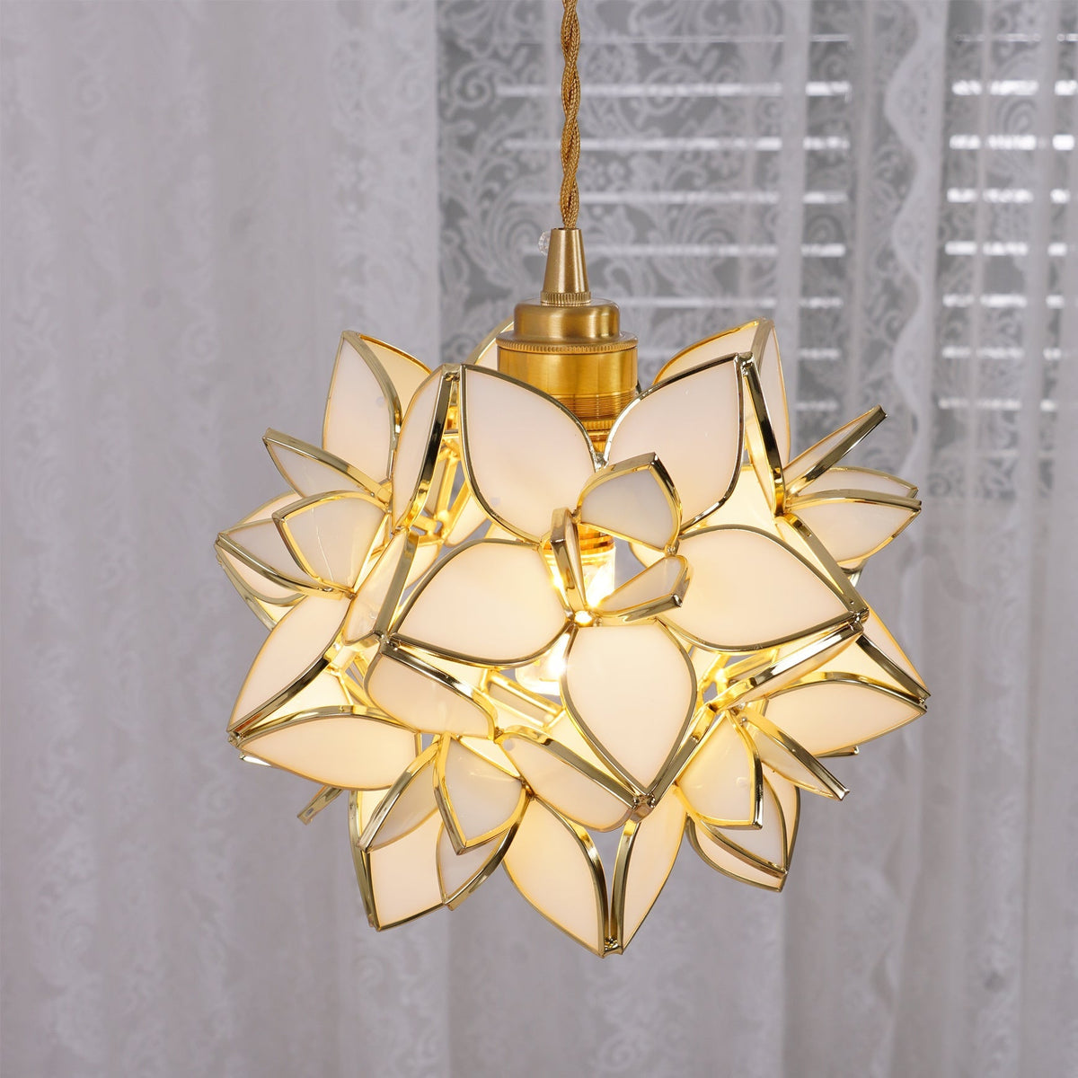 Glass Globe Ceiling Light with Floral Detail, 8-Inch Brass Hanging Fixture for Dining Room & Bedroom Ambient Lighting | Thomler