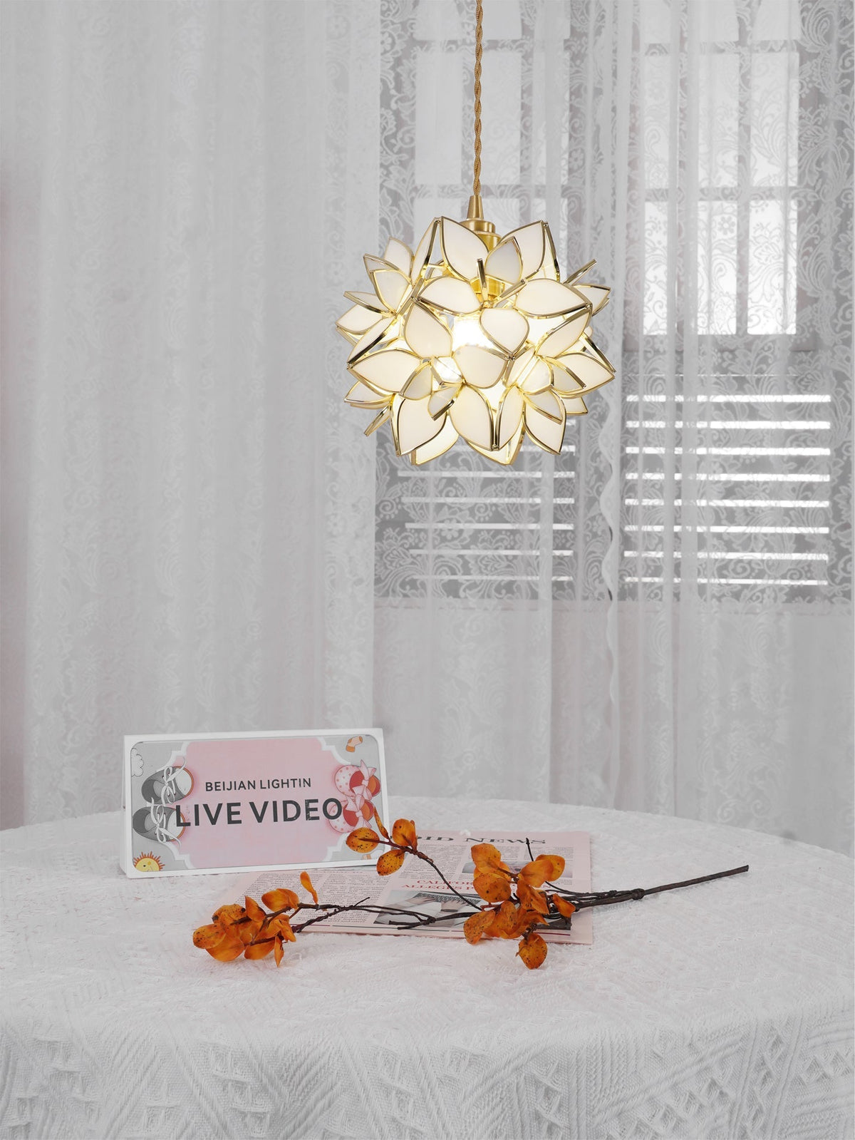 Glass Globe Ceiling Light with Floral Detail, 8-Inch Brass Hanging Fixture for Dining Room & Bedroom Ambient Lighting | Thomler