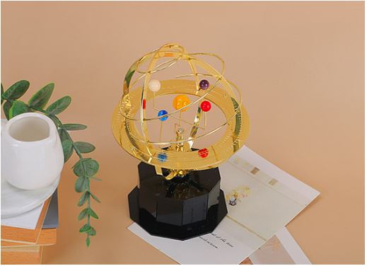Handcrafted Mechanical Solar System Model with 5 Orbiting Planets & Moon on Oak Base | Desktop Planetarium Orrery for Office, Study & Home
