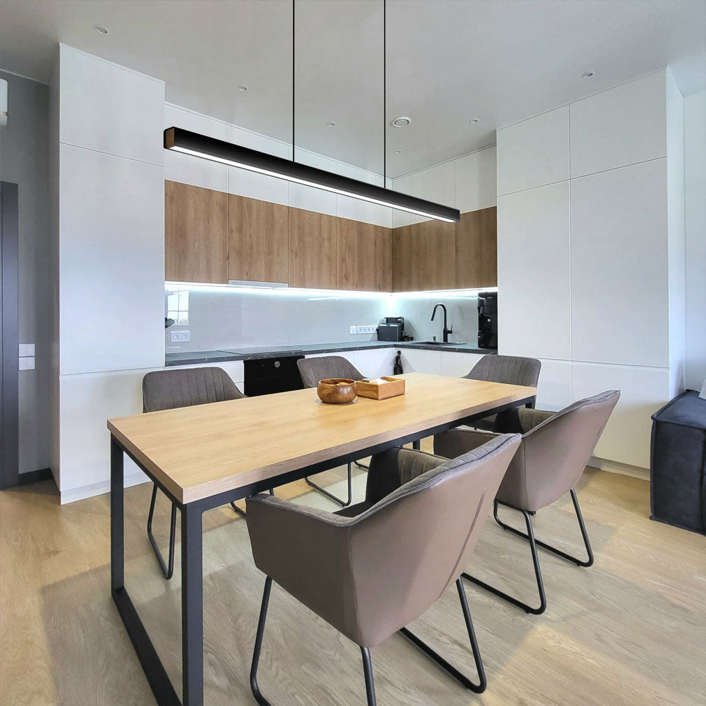 Hanging Light Fixture for Kitchen Island & Dining Room | Wood & Metal Linear Bar 31.5-71 in | Height-Adjustable Overhead LED | Remote-Contro | Thomler
