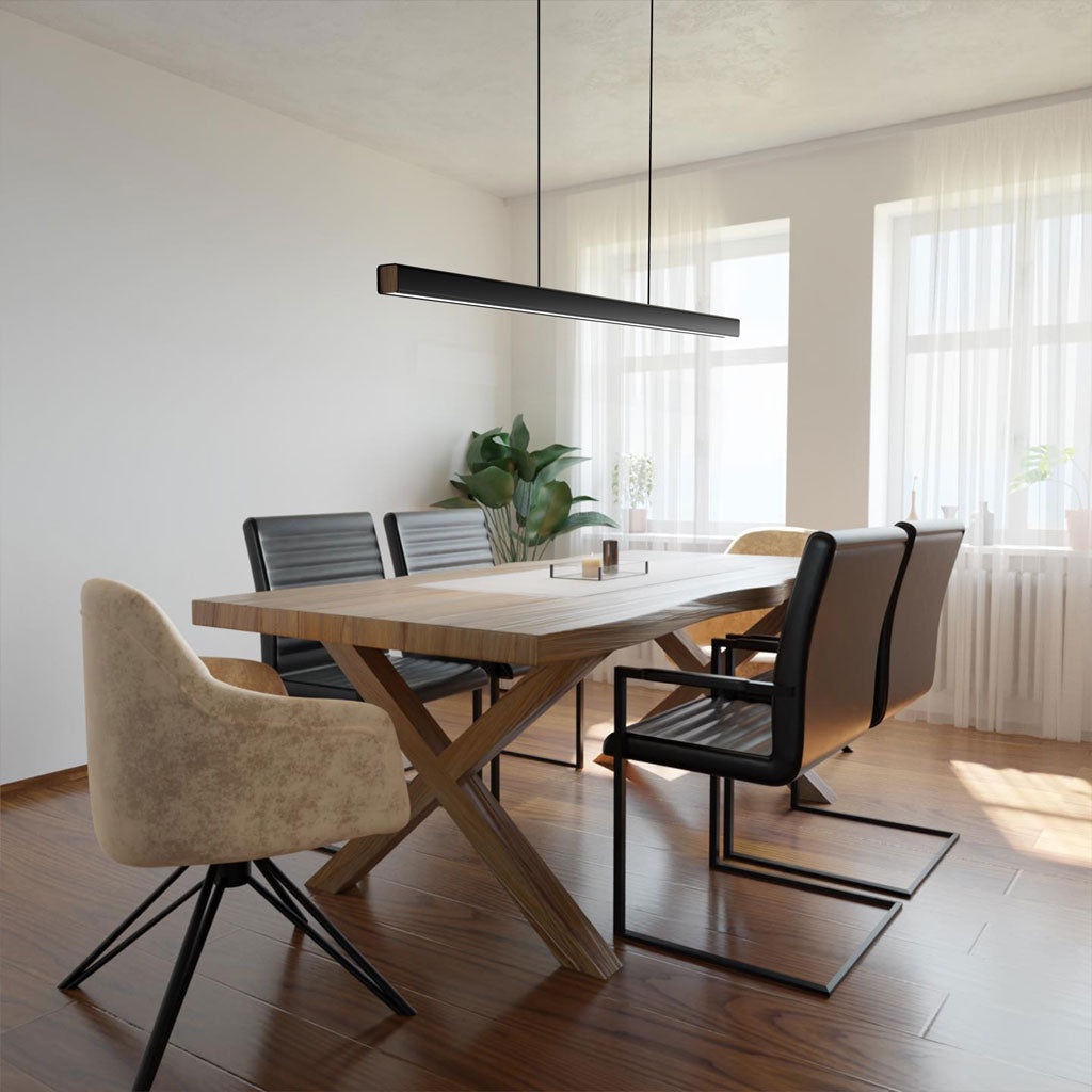 Hanging Light Fixture for Kitchen Island & Dining Room | Wood & Metal Linear Bar 31.5-71 in | Height-Adjustable Overhead LED | Remote-Contro | Thomler