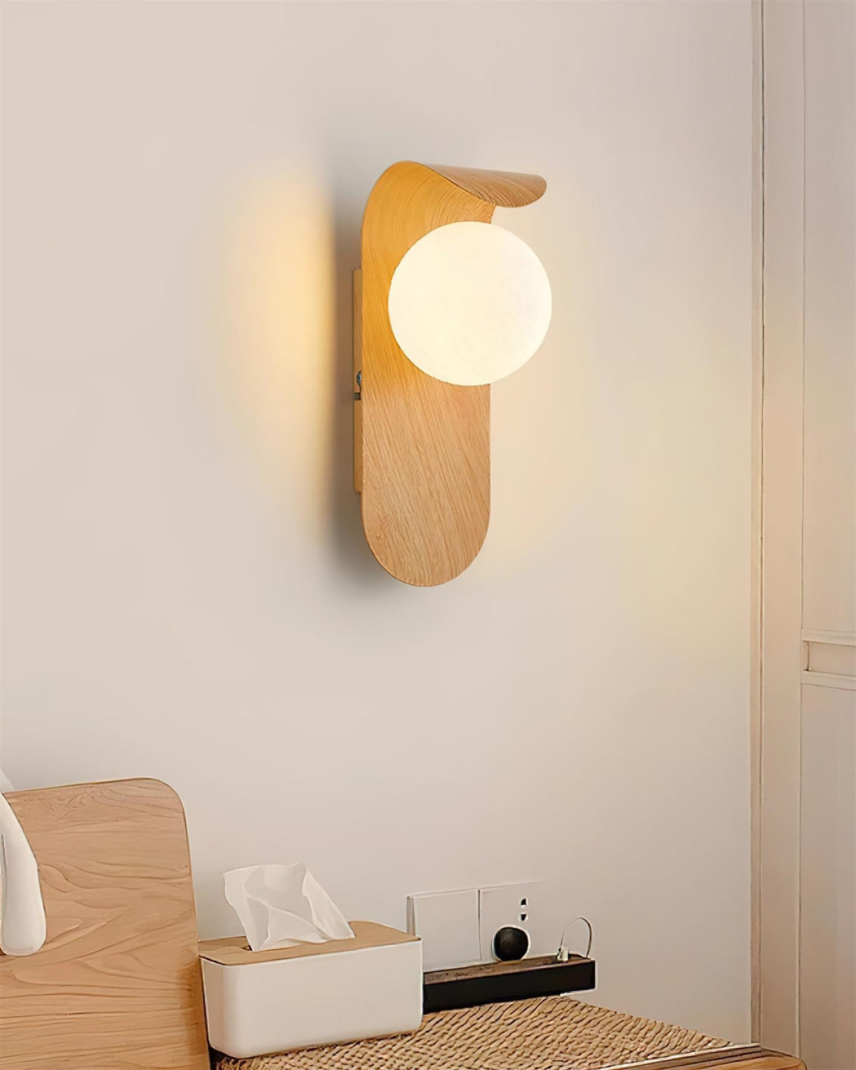 Plug-In Sconce with Frosted Globe and Wood Accent – 10 Inch Height for Bedroom Bathroom Hallway – G9 Socket Dimmable Fixture – Natural or Wa | Thomler