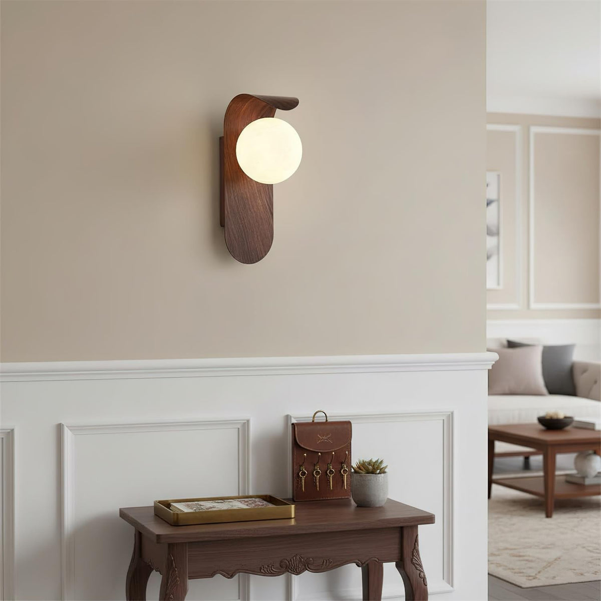 Spherical Sconce with Timber Accent – Frosted Orb Fixture for Bathrooms, Hallways & Bedrooms