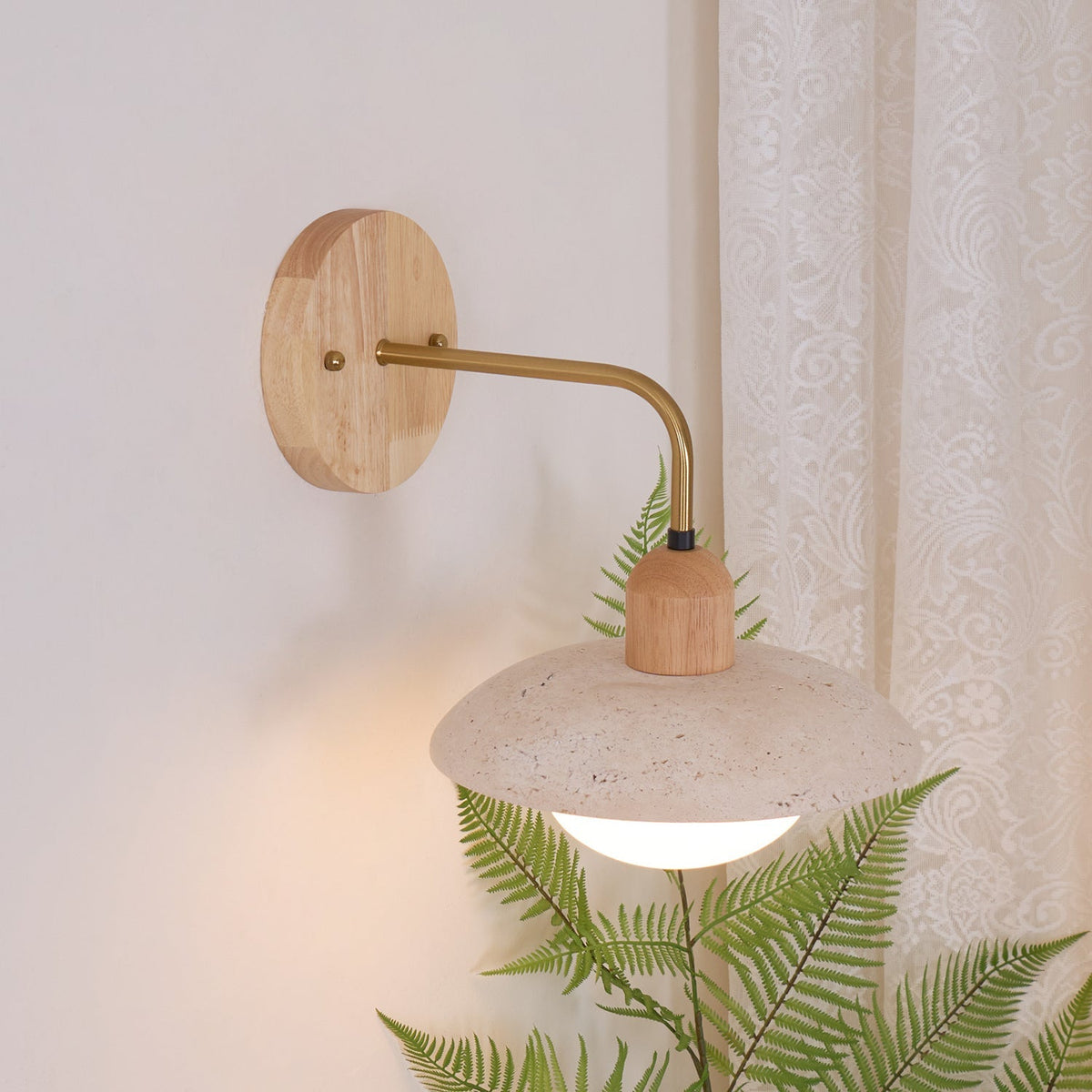 Curved Stone Sconce with Mixed-Material Arm for Bedside & Bath Vanity Reading Light Warm Organic Bedroom Hallway Entryway Accent | Thomler