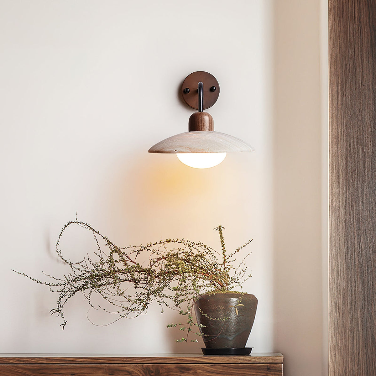 Curved Stone Sconce with Mixed-Material Arm for Bedside & Bath Vanity Reading Light Warm Organic Bedroom Hallway Entryway Accent | Thomler