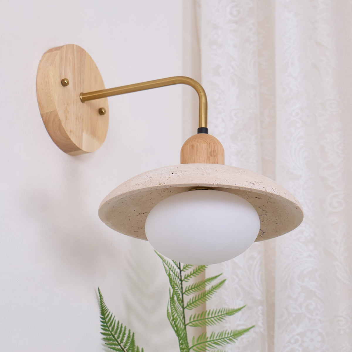Curved Stone Sconce with Mixed-Material Arm for Bedside & Bath Vanity Reading Light Warm Organic Bedroom Hallway Entryway Accent | Thomler