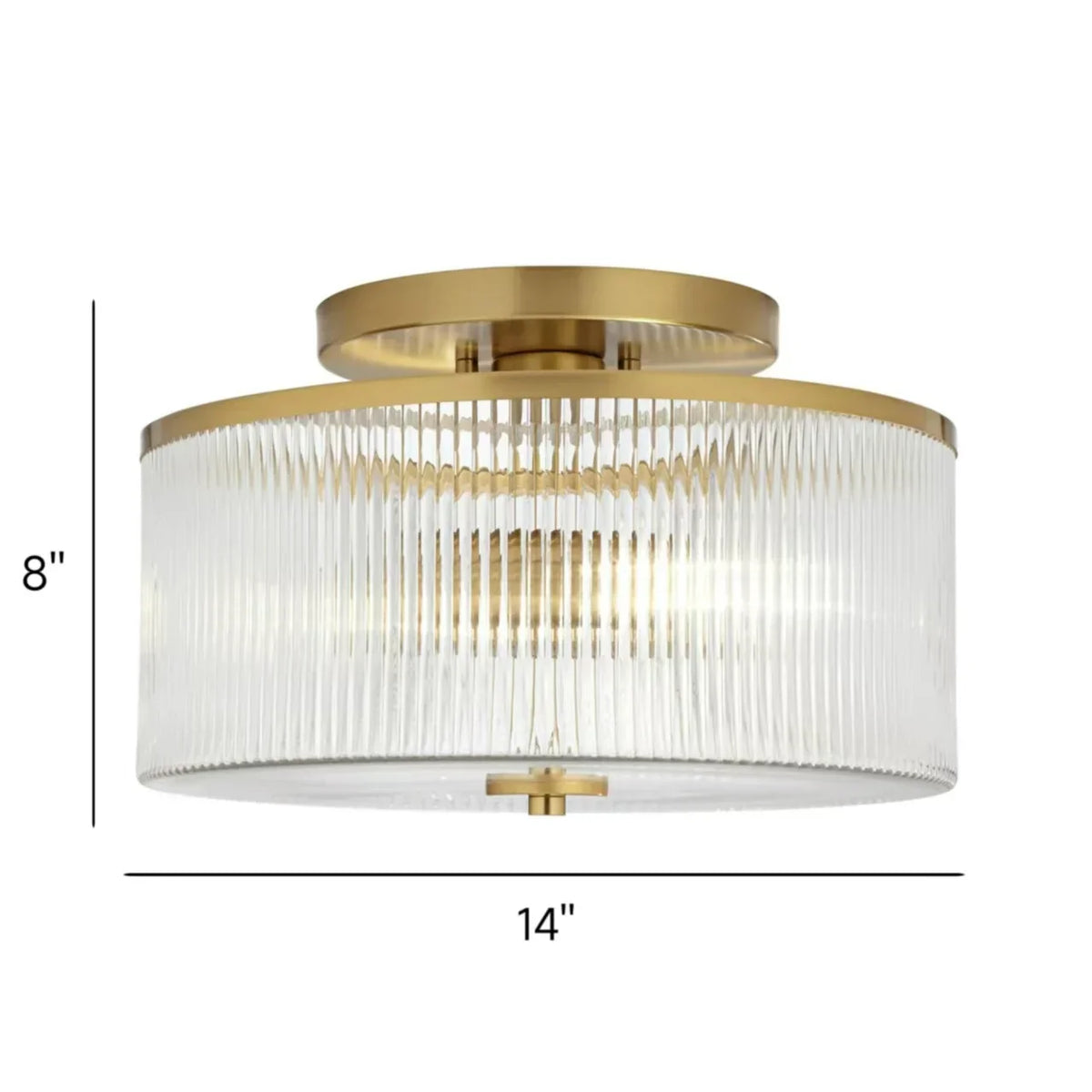 Dual-Socket Flush-Mount Fixture 14 Inch Black Brass Ribbed Glass Shade Hardwired Semi-Flush Overhead Light for Bedroom Entryway Dining Room | Thomler