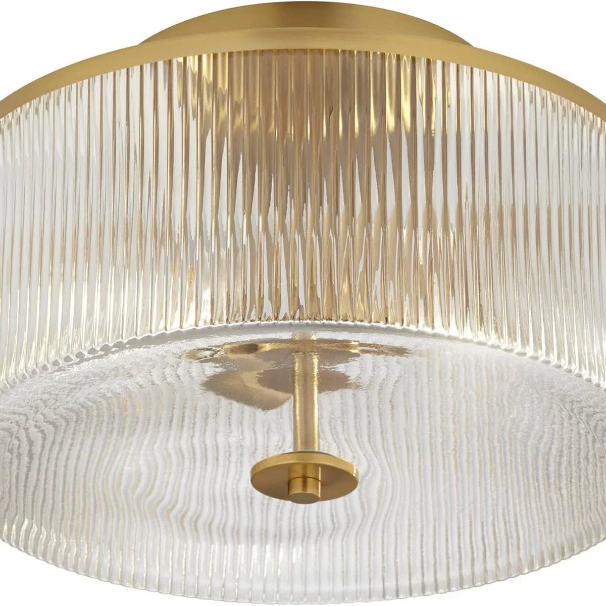 Dual-Socket Flush-Mount Fixture 14 Inch Black Brass Ribbed Glass Shade Hardwired Semi-Flush Overhead Light for Bedroom Entryway Dining Room | Thomler