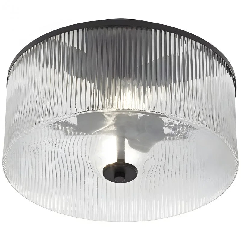 Dual-Socket Flush-Mount Fixture 14 Inch Black Brass Ribbed Glass Shade Hardwired Semi-Flush Overhead Light for Bedroom Entryway Dining Room | Thomler