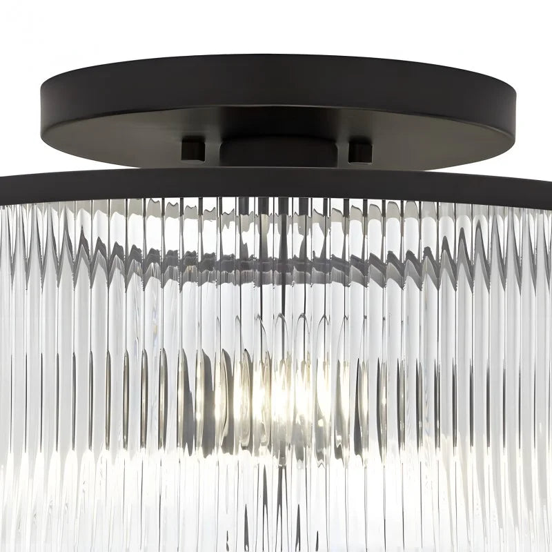 Dual-Socket Flush-Mount Fixture 14 Inch Black Brass Ribbed Glass Shade Hardwired Semi-Flush Overhead Light for Bedroom Entryway Dining Room | Thomler
