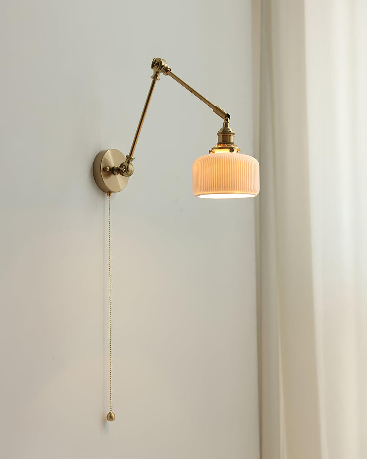 Swing Arm Reading Sconce with Ceramic Shade | Rotatable Bedside Wall Fixture with Pull Chain Switch | Modern Brass Task Light for Bedroom | Thomler