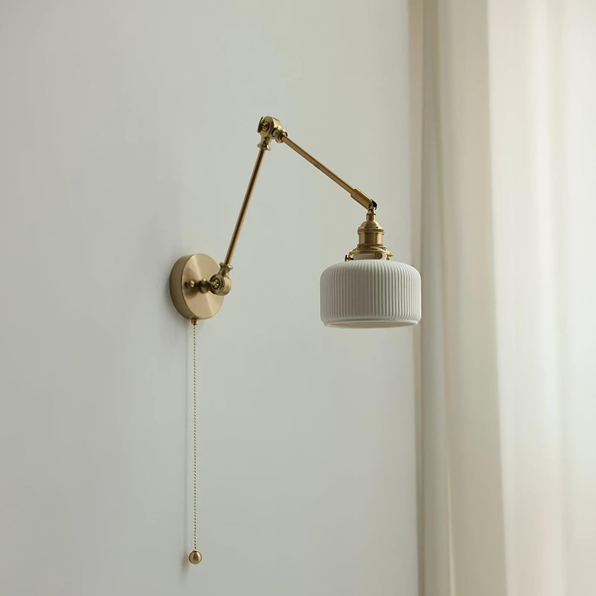 Swing Arm Reading Sconce with Ceramic Shade | Rotatable Bedside Wall Fixture with Pull Chain Switch | Modern Brass Task Light for Bedroom | Thomler