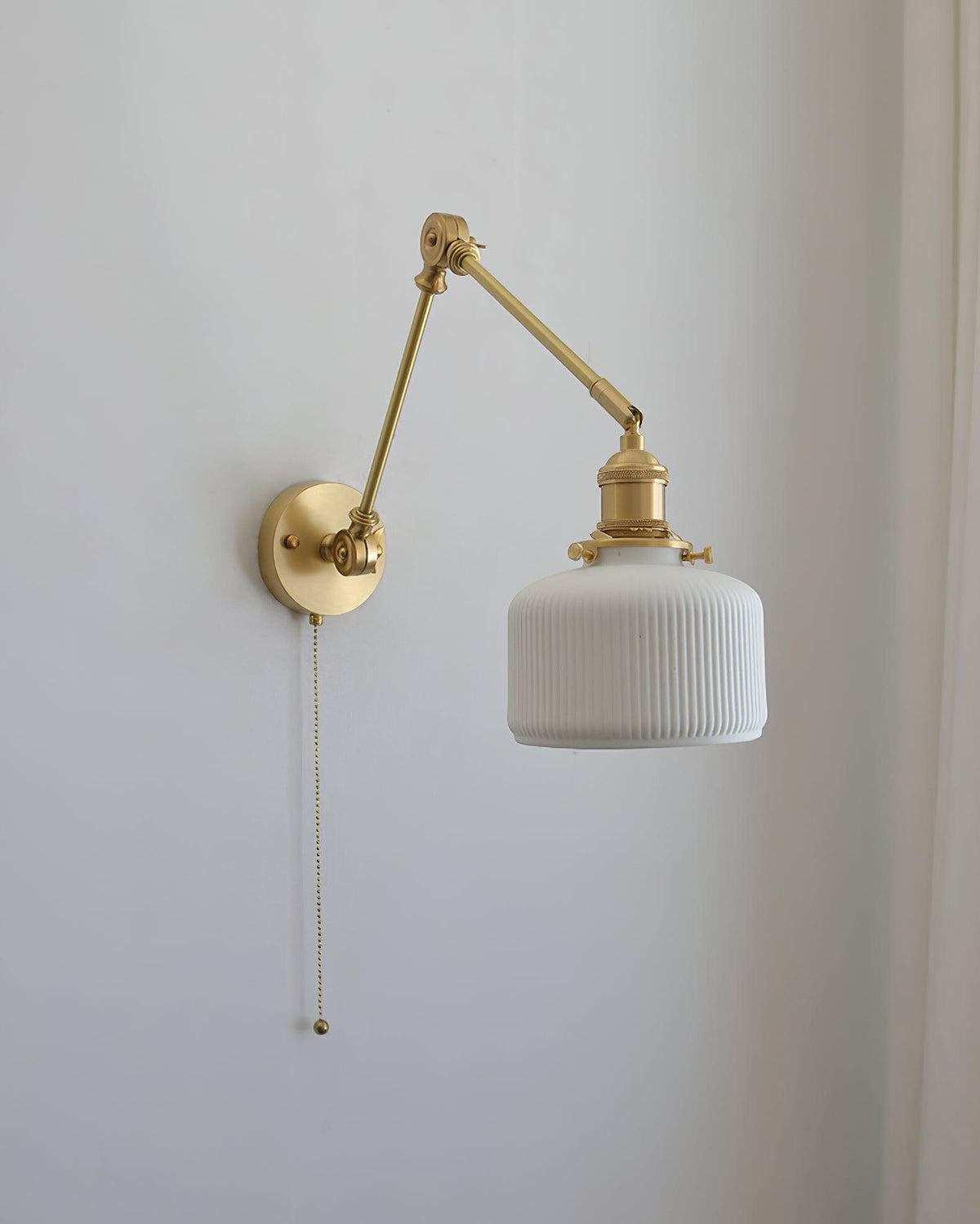 Swing Arm Reading Sconce with Ceramic Shade | Rotatable Bedside Wall Fixture with Pull Chain Switch | Modern Brass Task Light for Bedroom | Thomler