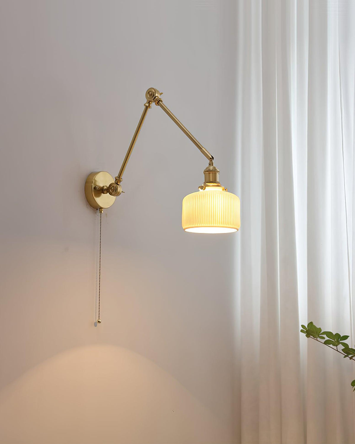 Swing Arm Reading Sconce with Ceramic Shade | Rotatable Bedside Wall Fixture with Pull Chain Switch | Modern Brass Task Light for Bedroom | Thomler