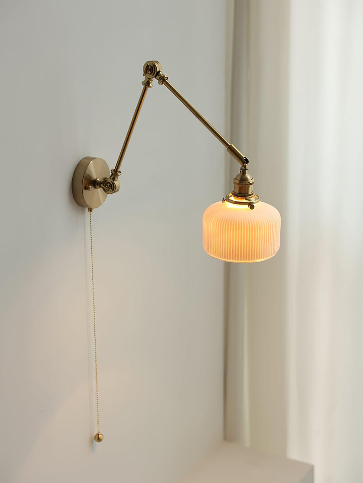 Swing Arm Reading Sconce with Ceramic Shade | Rotatable Bedside Wall Fixture with Pull Chain Switch | Modern Brass Task Light for Bedroom | Thomler