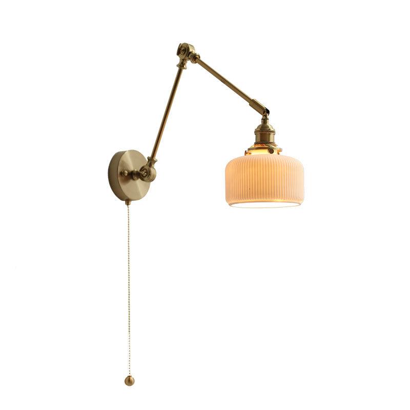 Swing Arm Reading Sconce with Ceramic Shade | Rotatable Bedside Wall Fixture with Pull Chain Switch | Modern Brass Task Light for Bedroom | Thomler