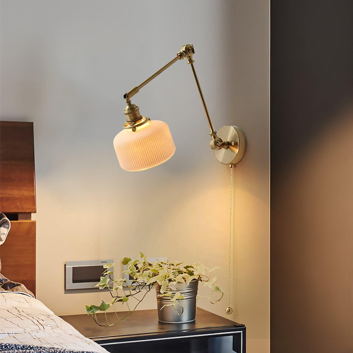 Swing Arm Reading Sconce with Ceramic Shade | Rotatable Bedside Wall Fixture with Pull Chain Switch | Modern Brass Task Light for Bedroom | Thomler