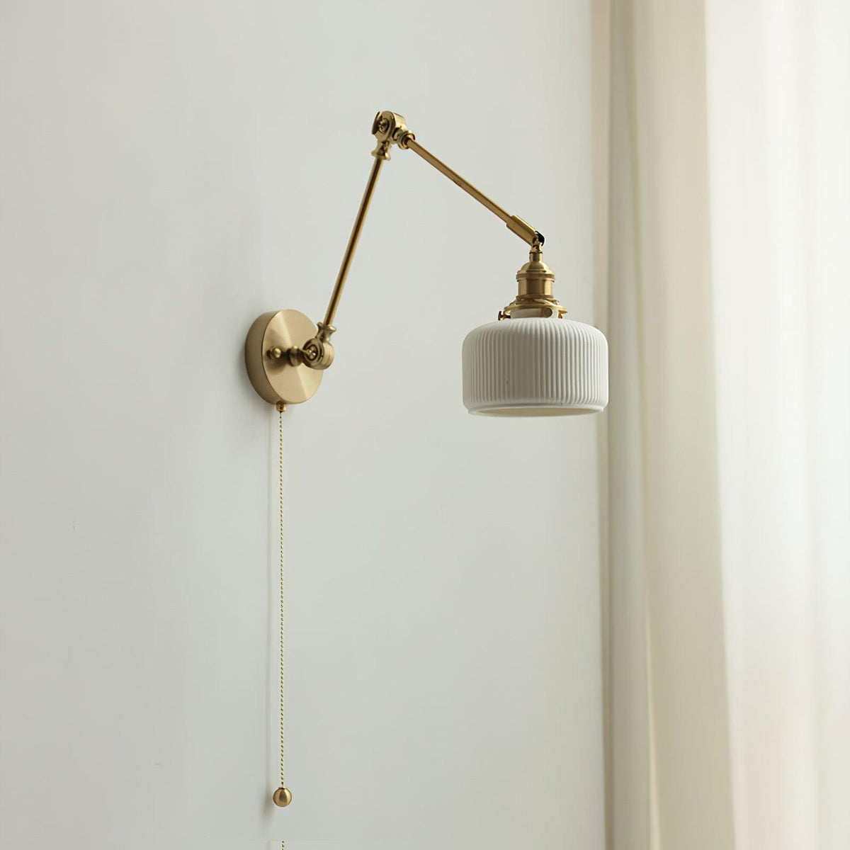 Swing Arm Reading Sconce with Ceramic Shade | Rotatable Bedside Wall Fixture with Pull Chain Switch | Modern Brass Task Light for Bedroom | Thomler