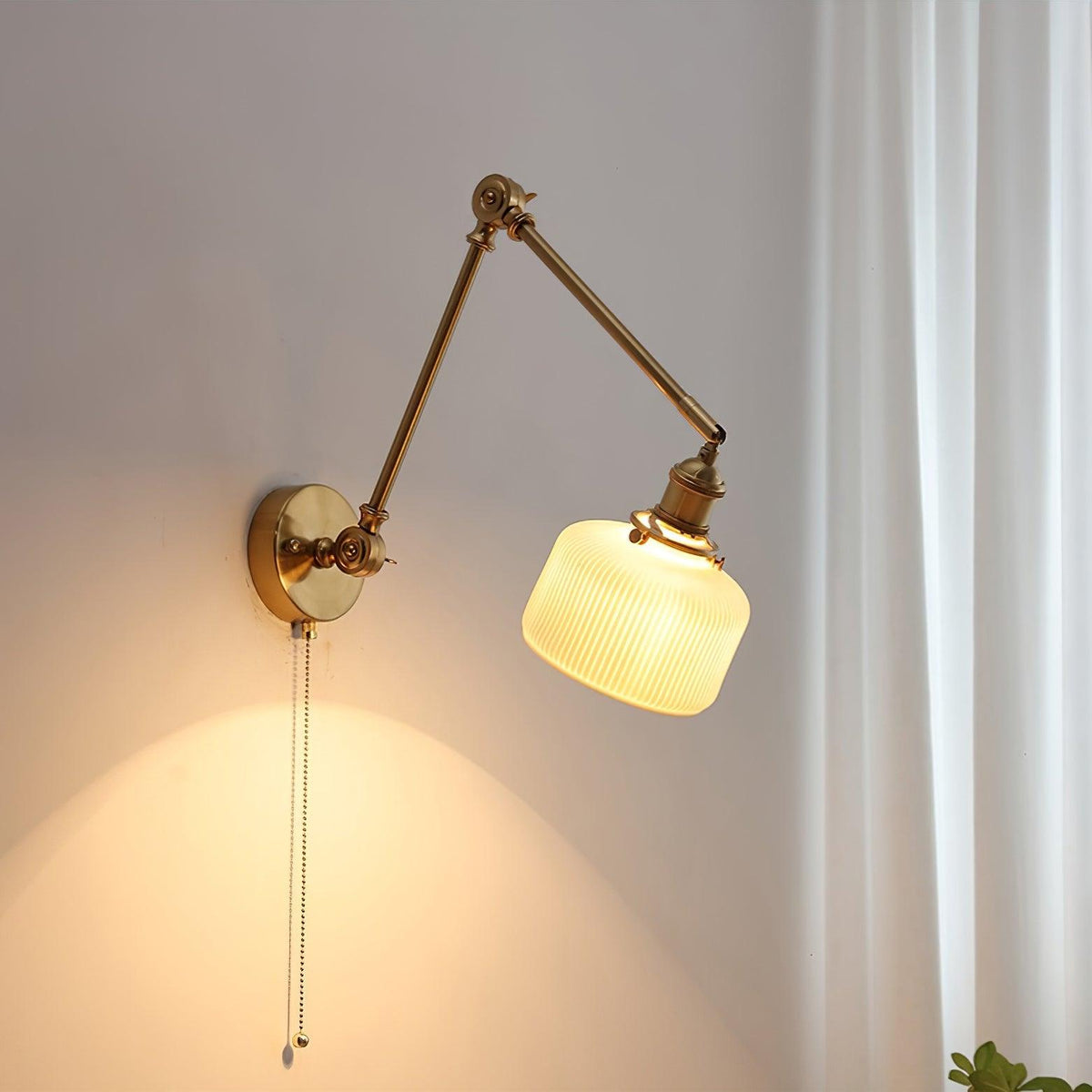 Swing Arm Reading Sconce with Ceramic Shade | Rotatable Bedside Wall Fixture with Pull Chain Switch | Modern Brass Task Light for Bedroom | Thomler