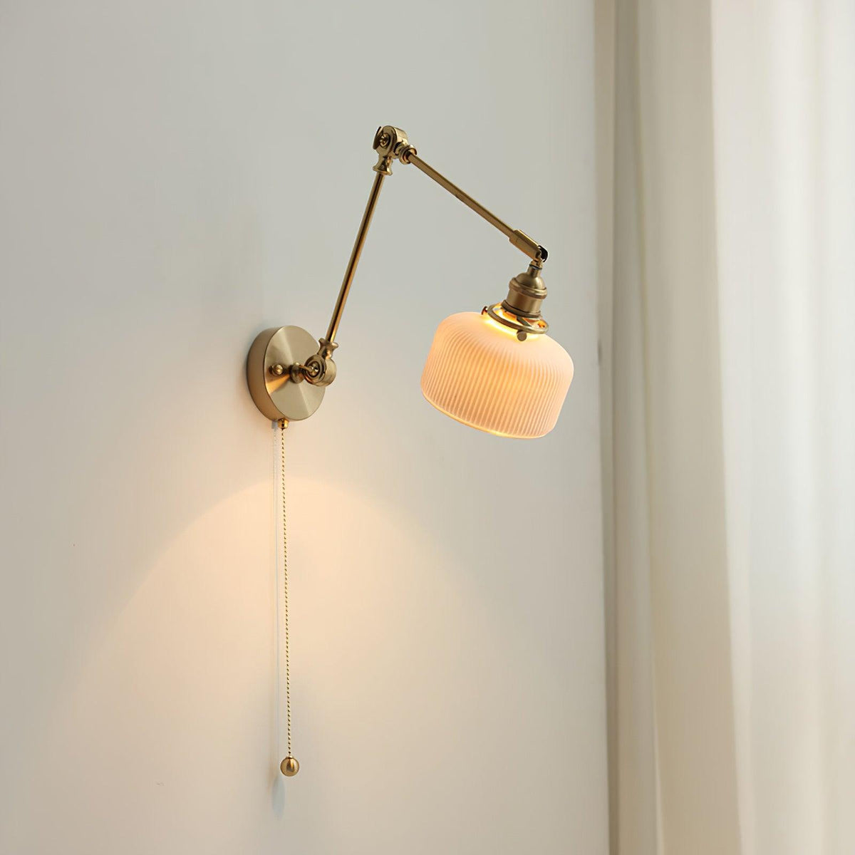 Swing Arm Reading Sconce with Ceramic Shade | Rotatable Bedside Wall Fixture with Pull Chain Switch | Modern Brass Task Light for Bedroom | Thomler