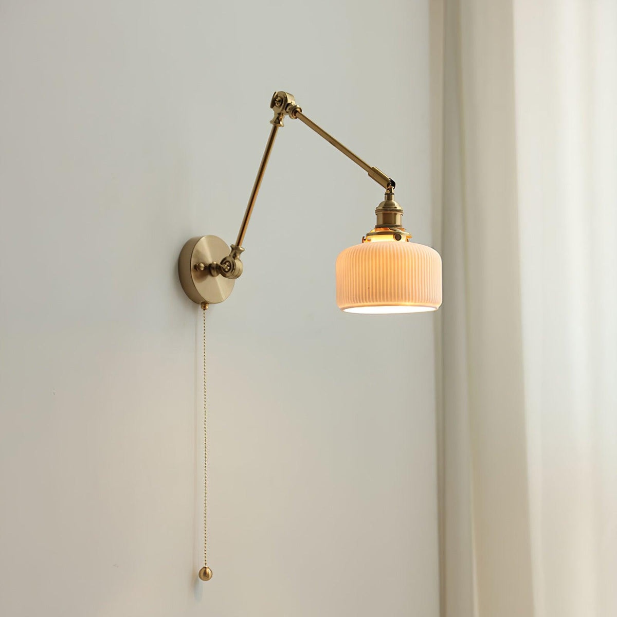 Swing Arm Reading Sconce with Ceramic Shade | Rotatable Bedside Wall Fixture with Pull Chain Switch | Modern Brass Task Light for Bedroom | Thomler