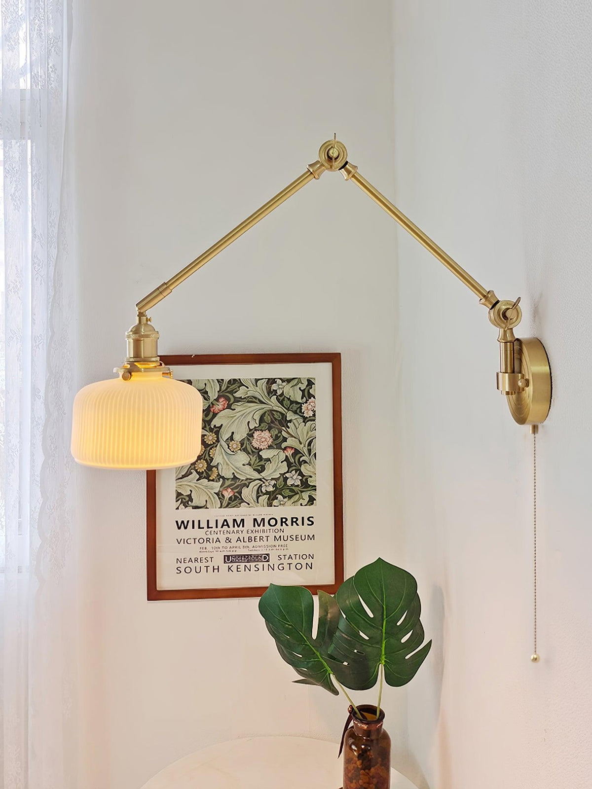 Swing Arm Reading Sconce with Ceramic Shade | Rotatable Bedside Wall Fixture with Pull Chain Switch | Modern Brass Task Light for Bedroom | Thomler