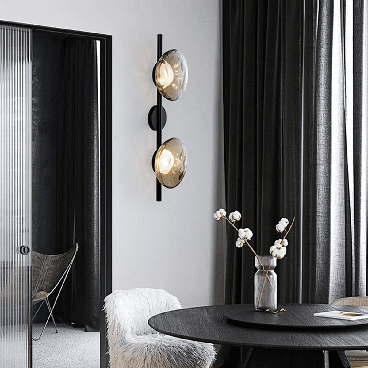 Modern Glass Sconce Light for Bedroom Hallway | Textured LED Wall Fixture Black or Gold Finish | Indoor Ambient Lighting | Thomler