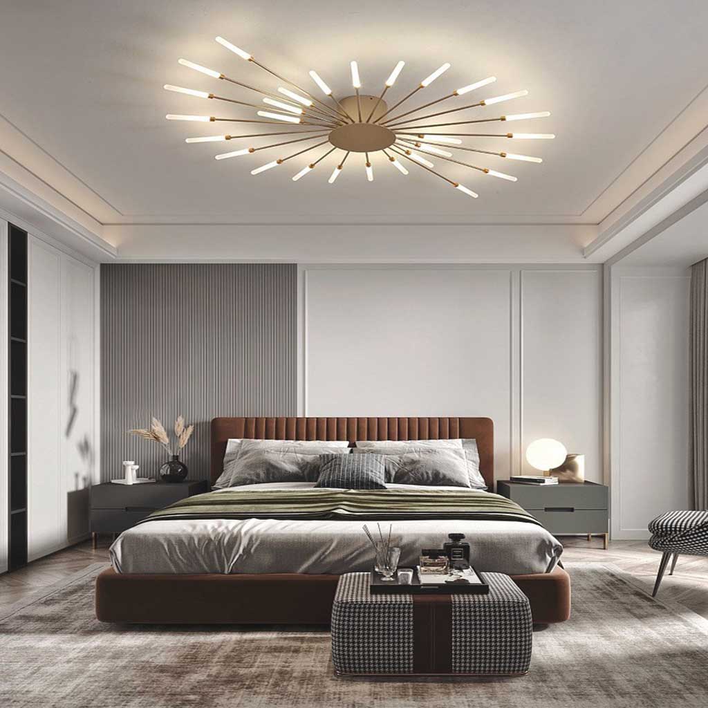 Semi-Flush Mount LED Light Fixture Aluminum 32 in Radial Design Black Gold for Living Room Bedroom Dining Room Contemporary Home Decor | Thomler