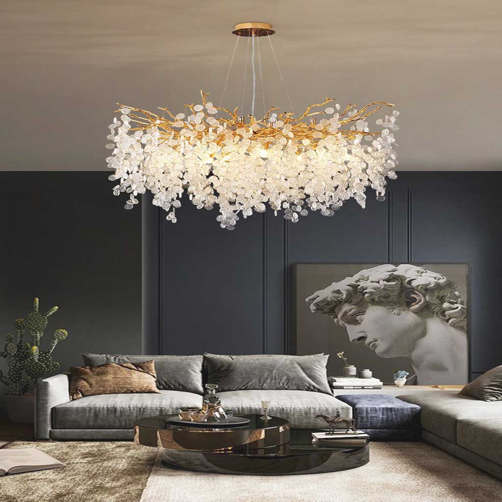 Glass Leaf Pendant Light Gold Aluminum Frame LED Adjustable Color Temperature Ceiling Fixture Living Room Bedroom Dining Entryway Statement | Thomler