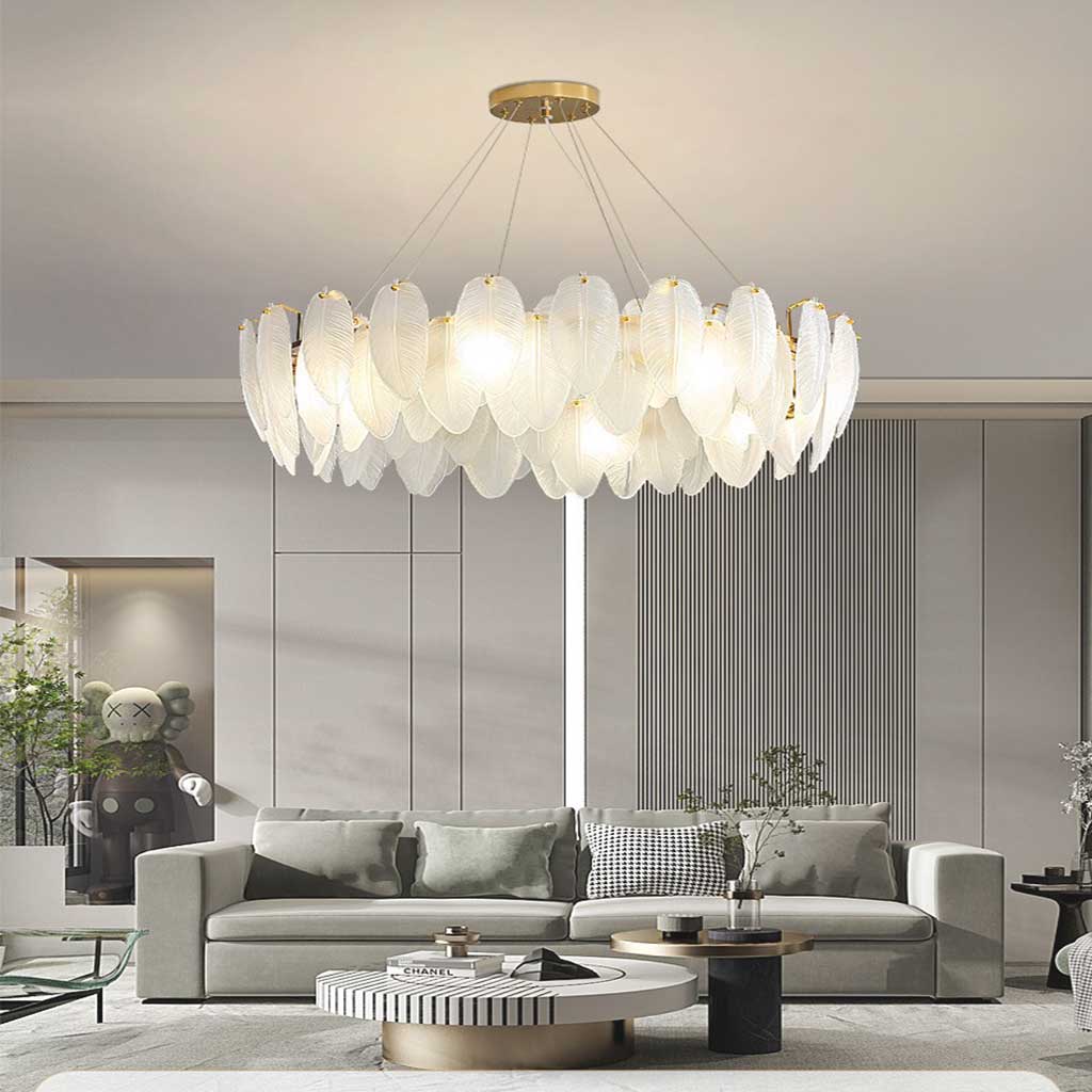 Glass Feather Ceiling Light Fixture 20 in Round Gold White LED Adjustable Color Temp for Dining Living Bedroom Contemporary Home Decor | Thomler