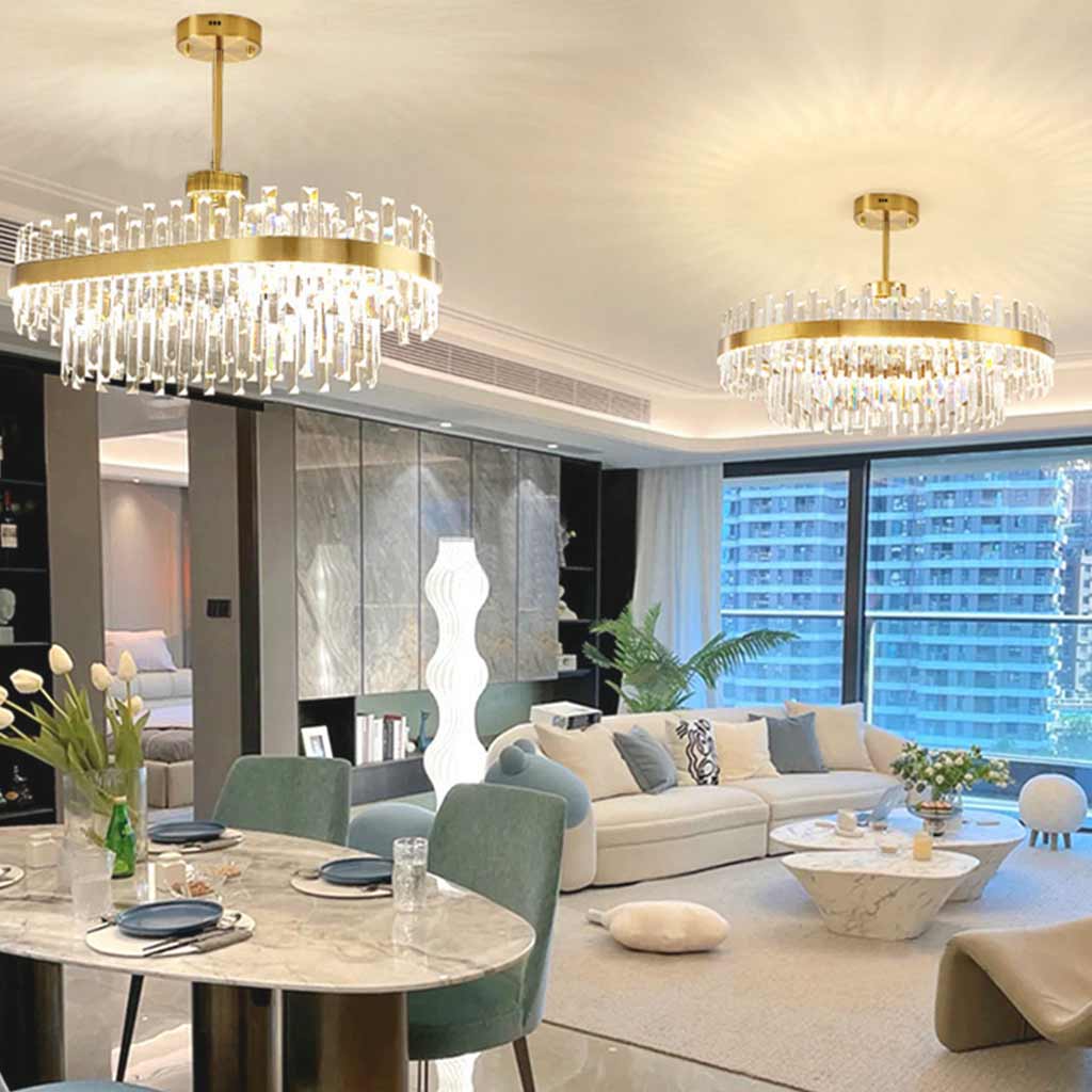 Crystal Ceiling Fixture with Adjustable Light Tones Gold Metal Frame 31.5 Inch for Dining Room Living Room Bedroom Modern Overhead Lighting | Thomler