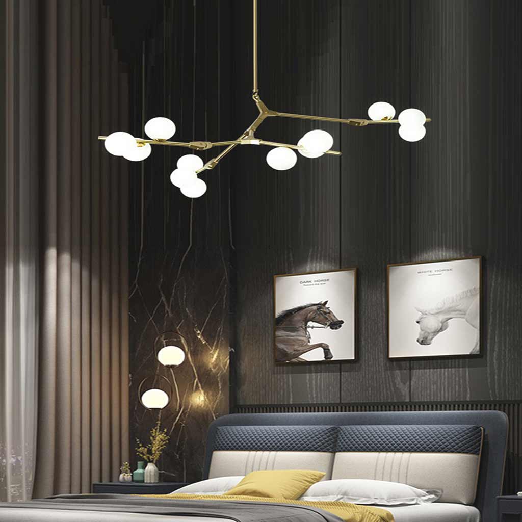 Sculpturale glazen bolkroonluchter met instelbare ledverlichting — Statement-armatuur met metalen frame met meerdere armen voor open eetruimtes, grote kamers & | Thomler