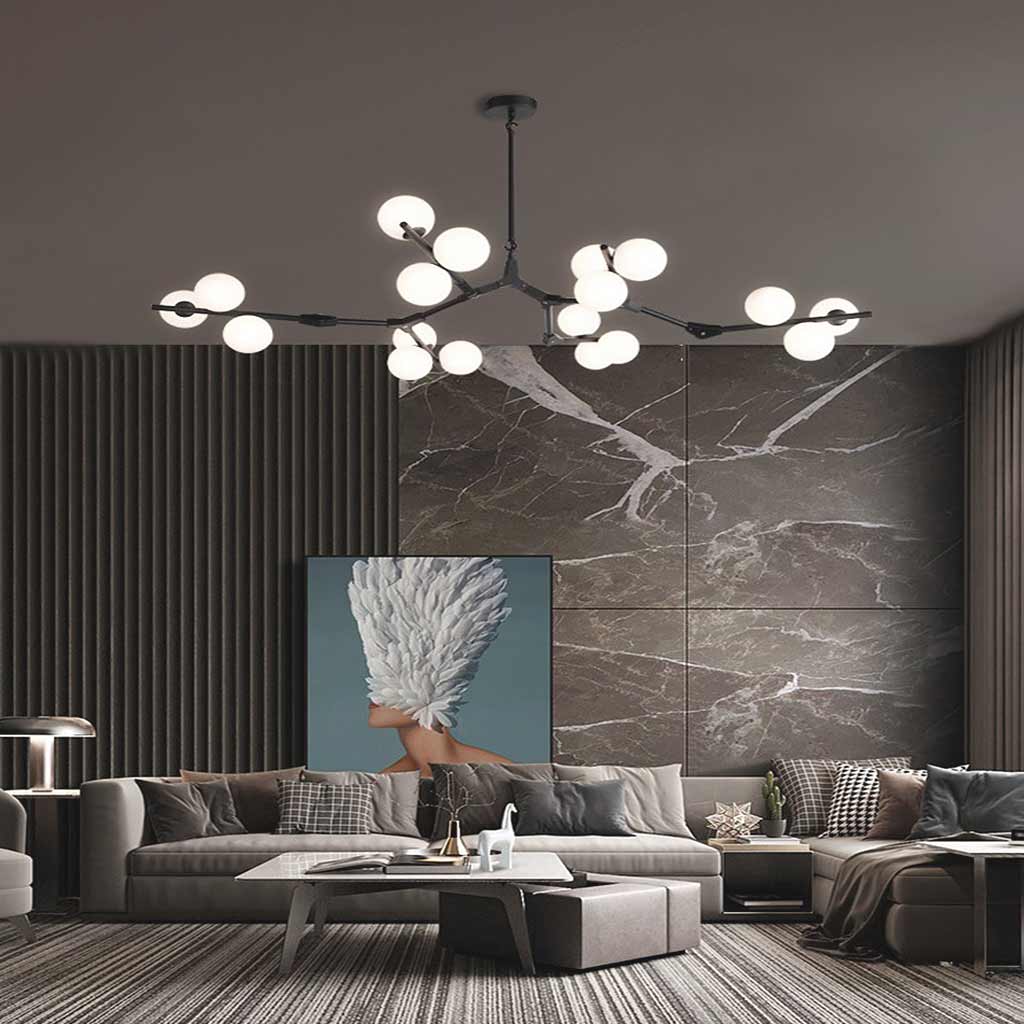 Sculpturale glazen bolkroonluchter met instelbare ledverlichting — Statement-armatuur met metalen frame met meerdere armen voor open eetruimtes, grote kamers & | Thomler