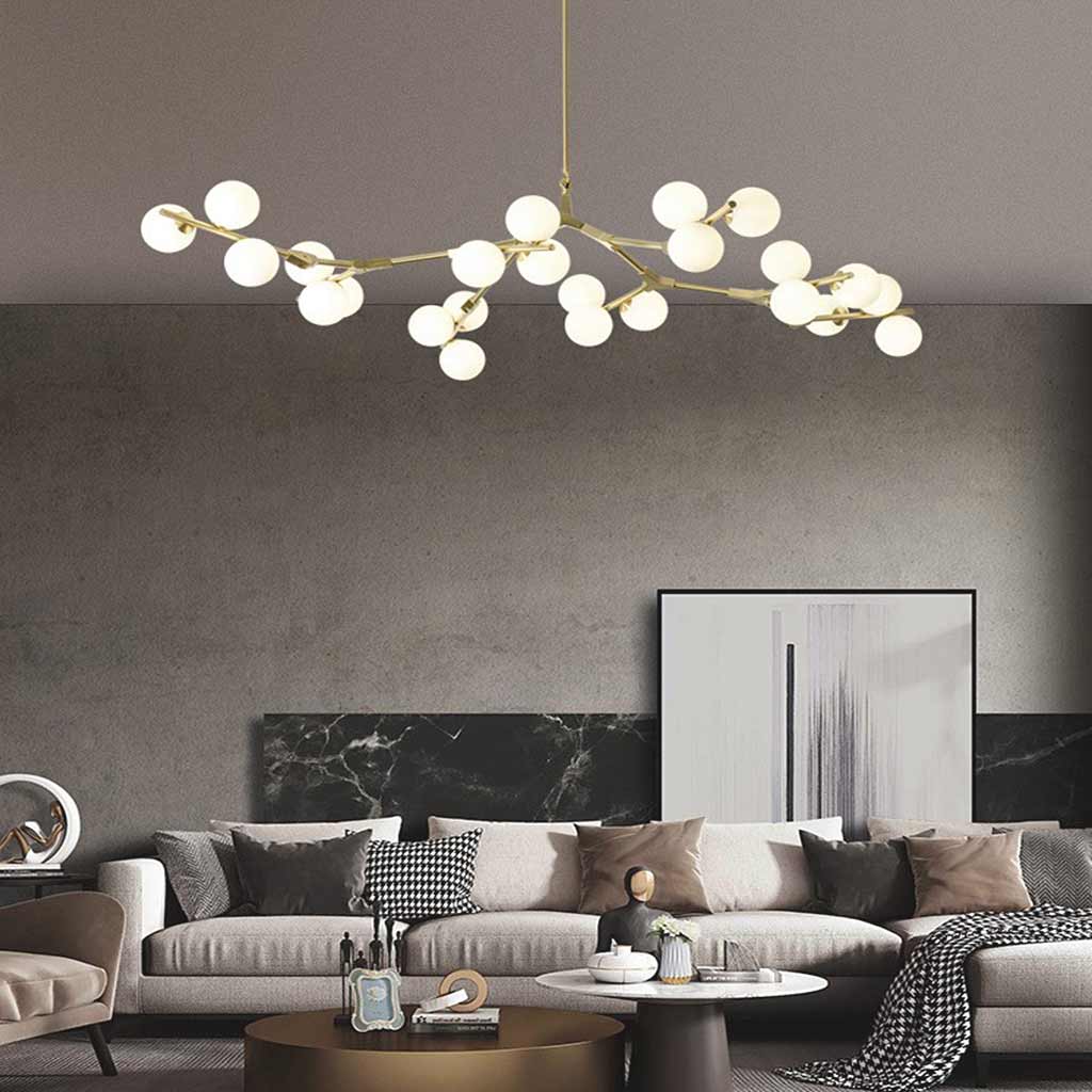 Sculpturale glazen bolkroonluchter met instelbare ledverlichting — Statement-armatuur met metalen frame met meerdere armen voor open eetruimtes, grote kamers & | Thomler