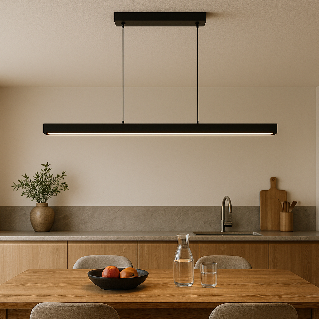 Lineare LED-Deckenleuchte in Holz- und Eisenoptik, 120 cm, für Esszimmertisch, Kücheninsel, Home Office, höhenverstellbare Hängelampe, modern und minimalistisch | Thomler