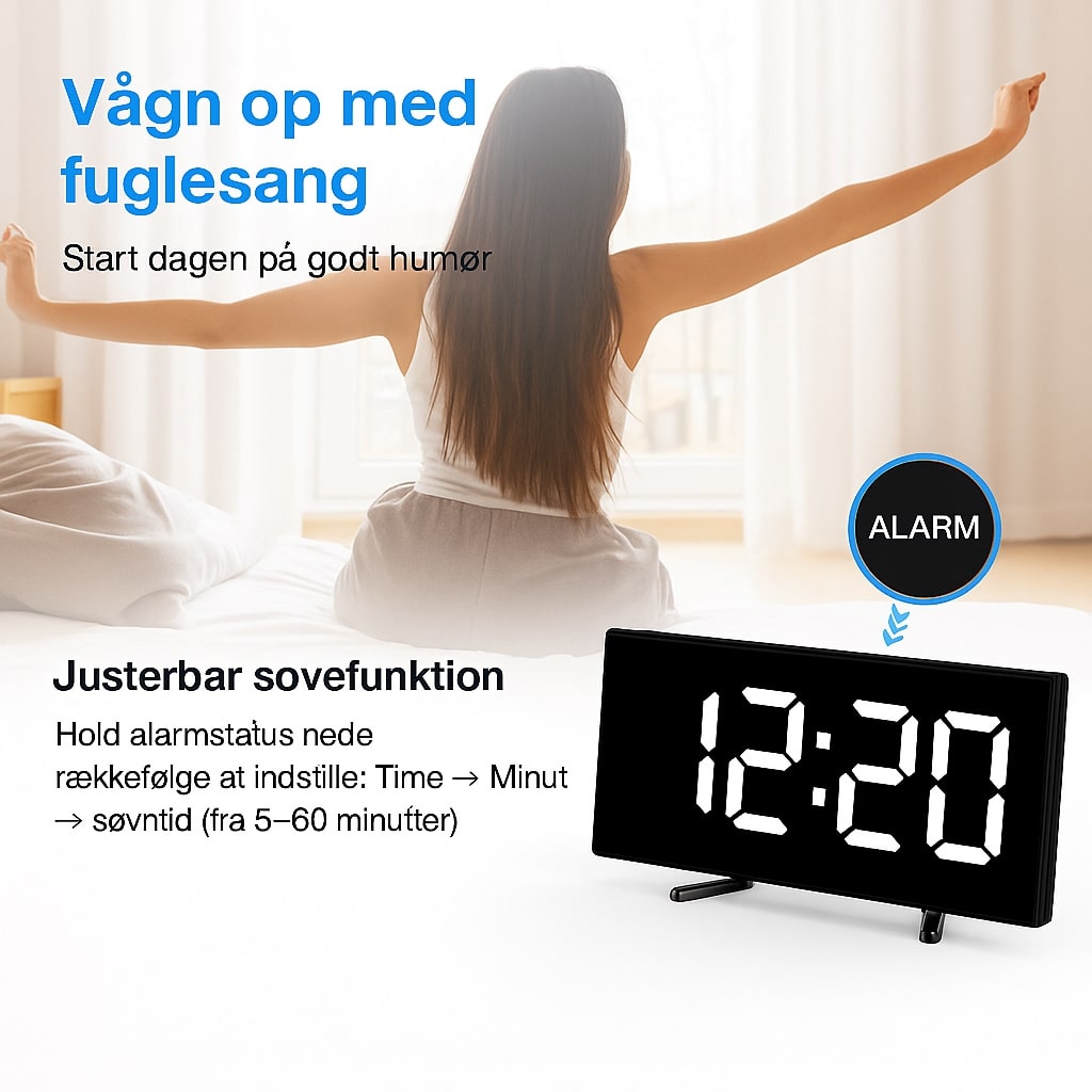 USB-betriebener LED-Wecker mit gebogenem Display, 17 × 7,1 × 3 cm, Backup-Batterie, Nachttischuhr mit großem Display für Schlafzimmer, Büro, Schreibtisch | Thomler