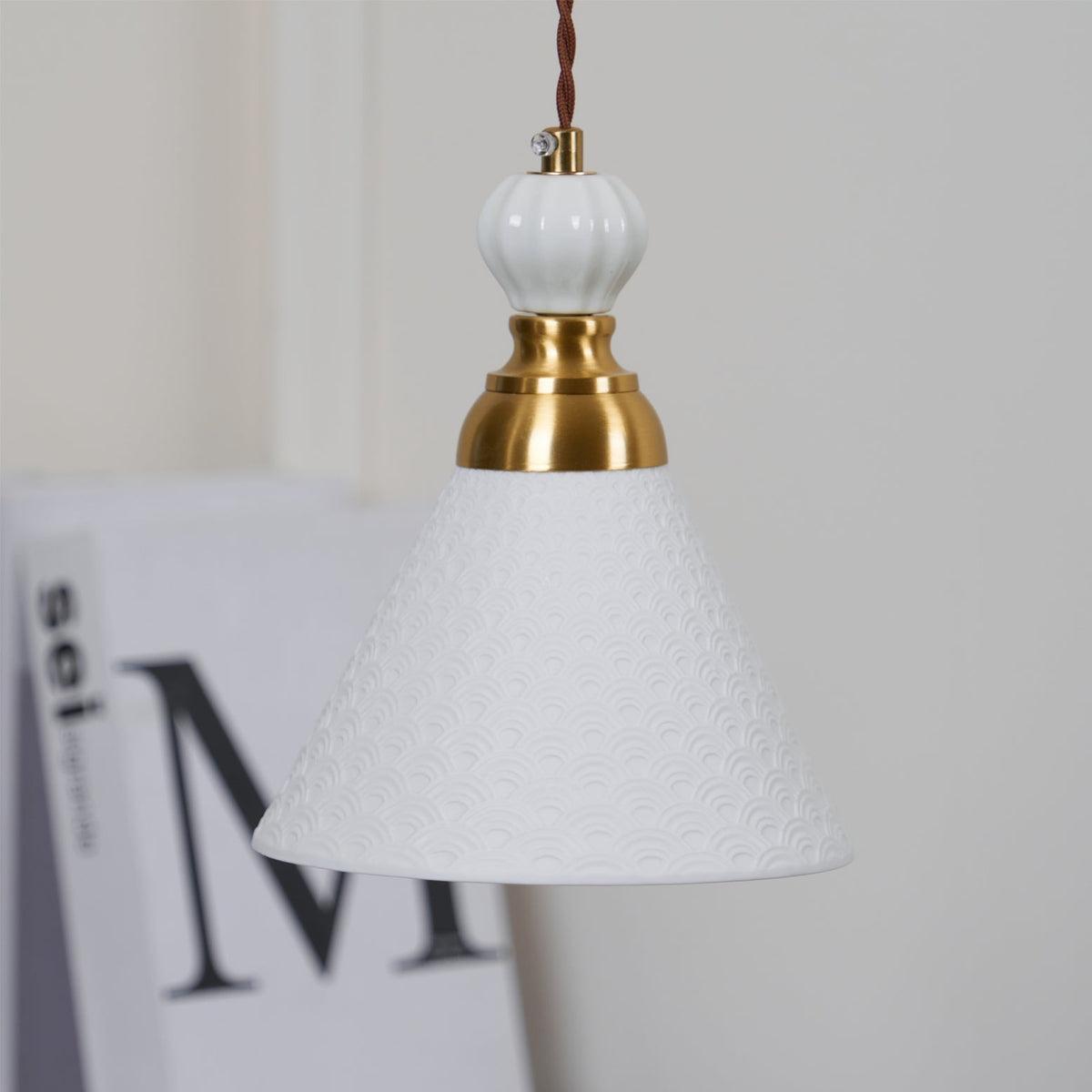 Hanging Ceiling Light Fixture White Ceramic Shade with Gold Hardware 9 in Adjustable Cord for Kitchen Island Dining Room Indoor Use E26 Sock | Thomler