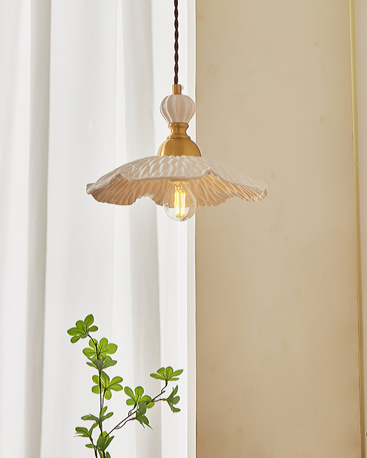 Hanging Ceiling Light Fixture White Ceramic Shade with Gold Hardware 9 in Adjustable Cord for Kitchen Island Dining Room Indoor Use E26 Sock | Thomler