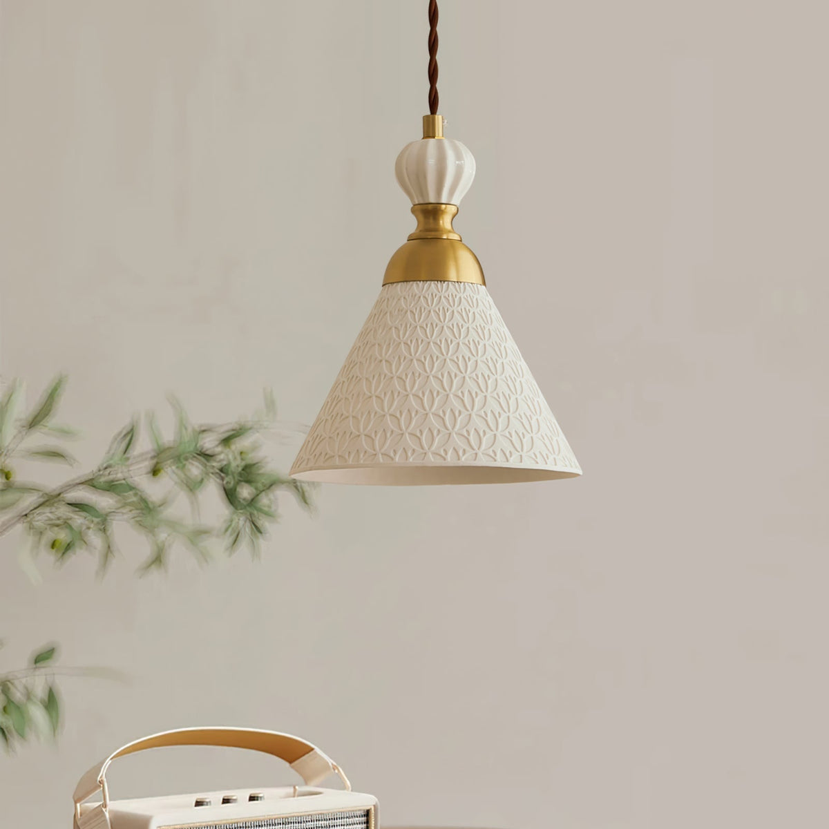 Hanging Ceiling Light Fixture White Ceramic Shade with Gold Hardware 9 in Adjustable Cord for Kitchen Island Dining Room Indoor Use E26 Sock | Thomler